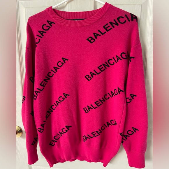 BALENCIAGA Wool Sweater Allover Logos Women’s Hot Pink